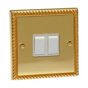 HG992 2-Gang 2 Way Intermediate Georgian Brass Double Pole Rocker Plate Switch