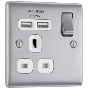 BG NBS21U2W Nexus Metal Brushed Steel 1G Switched Socket with 2x USB Charging