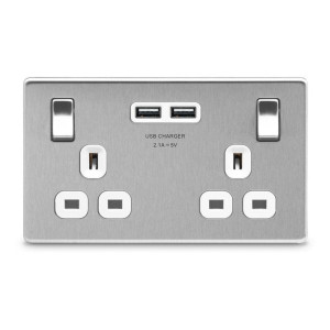BG NBS22U3G Nexus Brushed Steel 2 Gang Socket with Grey Insert & 2 x USB 3.1A