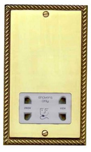HG985 Georgian Polished Brass Shaver Socket 115/230V Rope Edge Raised Plate with White Trim