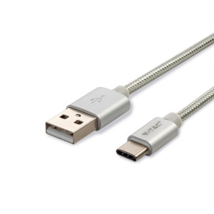 V-TAC VT8492 1M Type-C Platinum Series Usb Braided Cable Nylon Fabric Silver