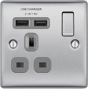 BG NBS21U2G Nexus Metal Brushed Steel 1G Switched Socket with 2 USB Charging