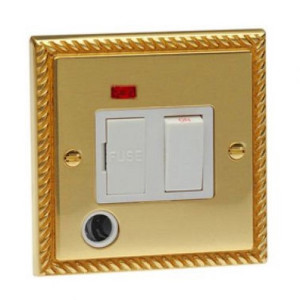 HG938 Georgian Brass 1 Gang Switched Fused Spur with Neon and Cord Outlet