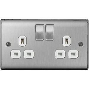 BG NBS22W Nexus Metal Brushed Steel 2G Double Switched Plug 13A Socket - White Inserts