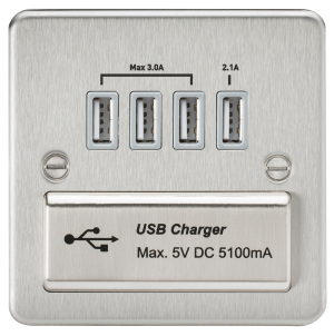 Flat Plate Quad USB charger outlet - Brushed chrome with grey insert