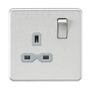 Screwless 13A 1G DP switched Socket - Brushed Chrome with grey Insert