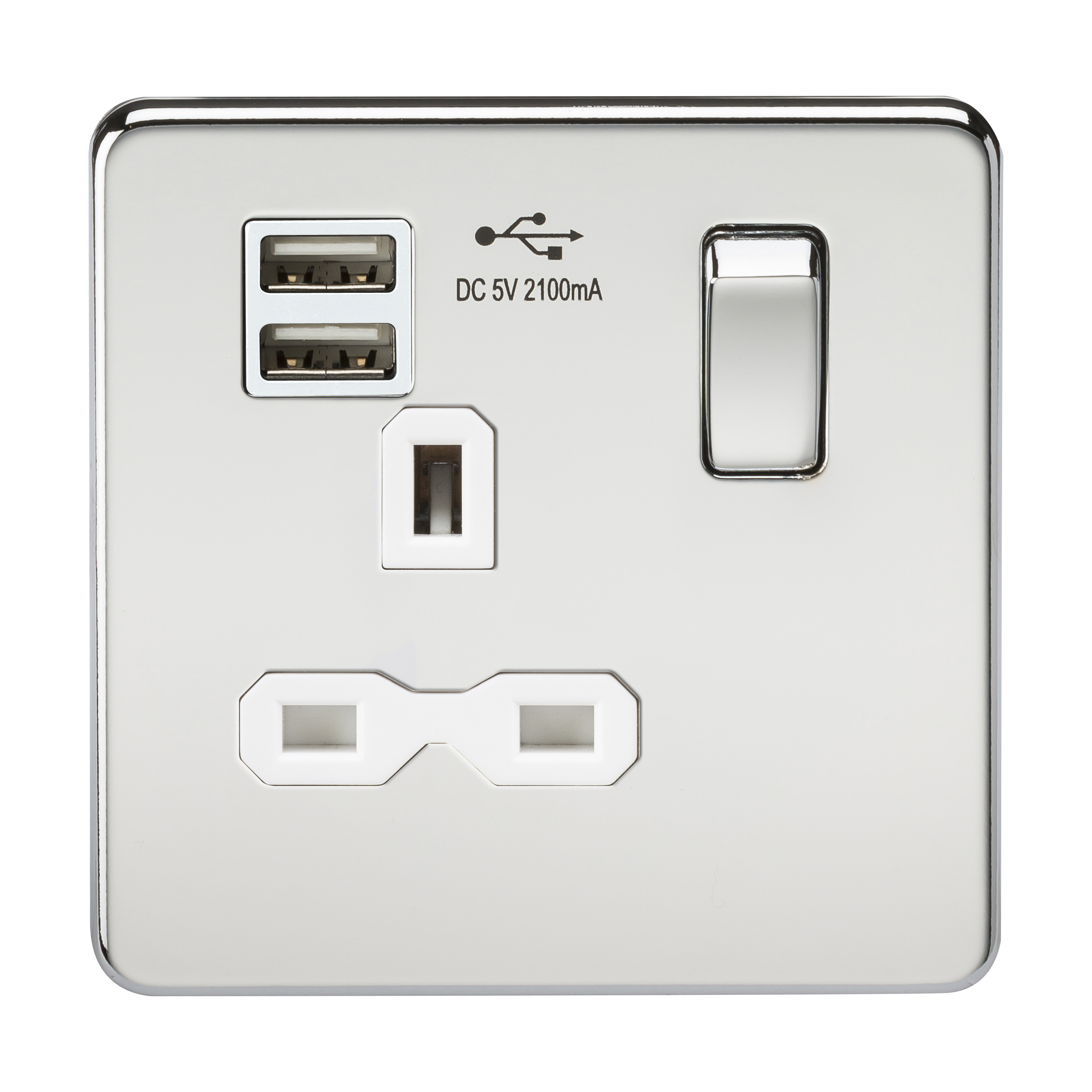 Screwless 13A 1G switched socket with dual USB charger (2.1A) - polished chrome with white insert