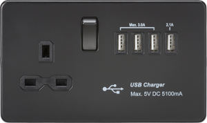 Screwless 13A switched socket with quad USB charger (5.1A) - Matt Black SFR7USB4MBB