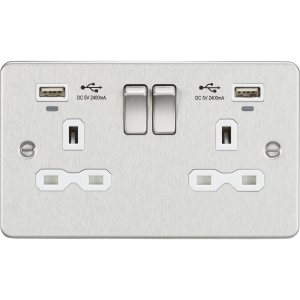 Flat Plate 13A Smart 2G switched socket with dual USB charger 2.4A - Brushed Chrome with wht insert