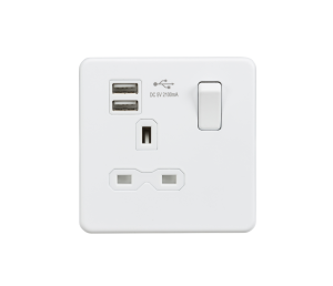 Screwless 13A 1G switched socket with dual USB charger (2.1A) - matt white