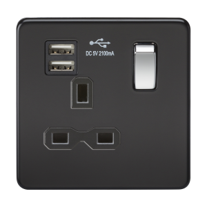Screwless 13A 1G switched socket with dual USB charger (2.1A) - matt black with chrome rocker