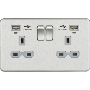 Screwless 13A Smart 2G switched socket with dual USB charger 2.4A - Brushed chrome with grey insert