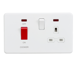 Screwless 45A DP switch and 13A switched socket with neons - matt white