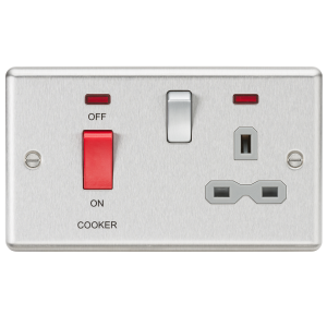 45A DP Cooker Switch 13A Switched Socket with Neons & Grey Insert - Rounded Edge Brushed Chrome