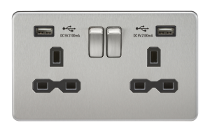 KNIGHTSBRIDGE SCREWLESS 13A 2G SWITCHED SOCKET WITH DUAL USB CHARGER - BRUSHED CHROME WITH BLACK INSERT, SFR9902BC