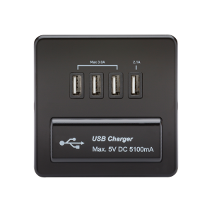 Screwless Quad USB Charger Outlet (5.1A) - Matt Black with Black Insert