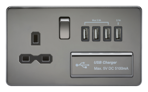 Screwless 13A switched socket with quad USB charger (5.1A) - black nickel with black insert