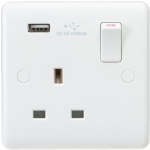 Curved Edge 13A 1G Switched Socket with USB Charger (5V DC 2.1A)