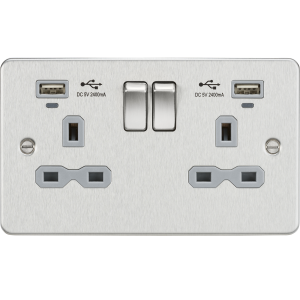 Flat plate 13A Smart 2G switched socket with dual USB charger 2.4A - Brushed Chrome with grey insert