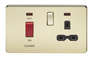 Screwless 45A DP switch and 13A switched socket with neons - polished brass with black insert