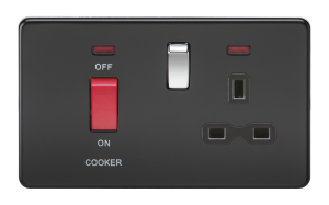 Screwless 45A DP switch and 13A switched socket with neons - matt black with chrome rocker