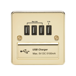 Flat Plate Quad USB charger outlet - Polished brass with black insert