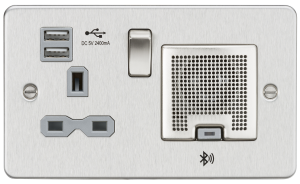 Flat Plate 13A socket, USB charger and Bluetooth Speaker combo - Brushed chrome with grey insert