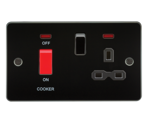 Flat plate 45A DP switch and 13A switched socket with neon - gunmetal with black insert