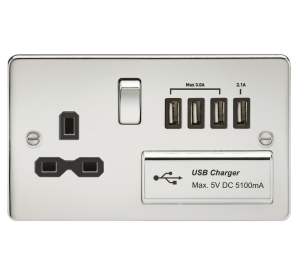 Flat plate 13A switched socket with quad USB charger - polished chrome with black insert
