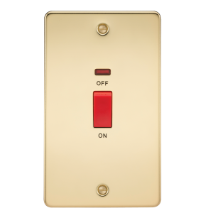 Flat Plate 45A 2G DP switch with neon - polished brass