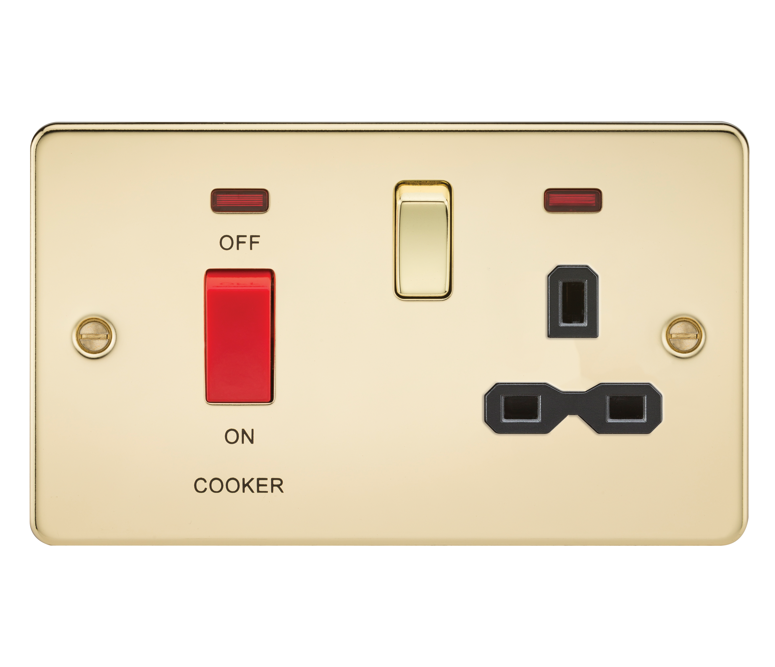 Flat plate 45A DP switch and 13A switched socket with neon - polished brass with black insert