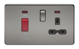 Screwless 45A DP switch and 13A switched socket with neons - black nickel with black insert