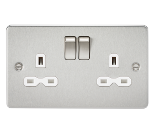 Flat plate 13A 2G DP switched socket - brushed chrome with white insert