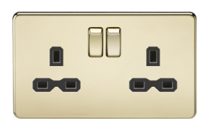 Screwless 13A 2G DP switched socket - polished brass with black insert