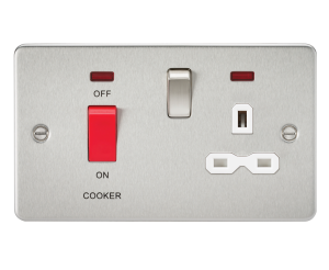 Flat plate 45A DP switch and 13A switched socket with neon - brushed chrome with white insert