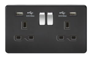 KNIGHTSBRIDGE SCREWLESS 13A 2G SWITCHED SOCKET WITH DUAL USB CHARGER - MATT BLACK W/CHROME ROCKER, SFR9902MB