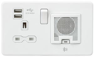 Screwless 13A socket, USB charger and Bluetooth Speaker combo - Matt white