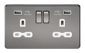 KNIGHTSBRIDGE SCREWLESS 13A 2G SWITCHED SOCKET WITH DUAL USB CHARGER - BLACK NICKEL WITH WHITE INSERT, SFR9902BNW