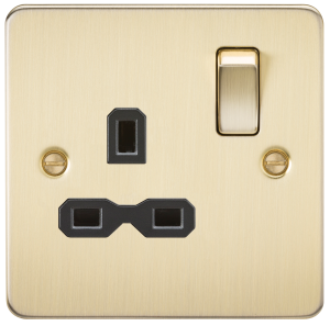 Flat plate 13A 1G DP switched socket - brushed brass with black insert