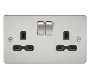 Flat plate 13A 2G DP switched socket - brushed chrome with black insert