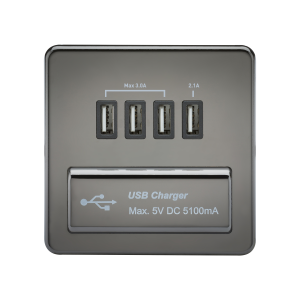 Screwless Quad USB Charger Outlet (5.1A) - Black Nickel with Black Insert