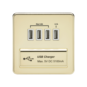 Screwless Quad USB Charger Outlet (5.1A) - Polished Brass with White Insert