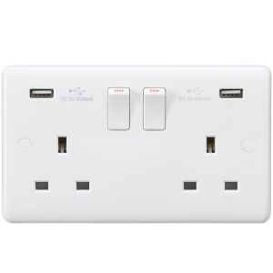 Curved Edge 13A 2G Switched Socket with Dual USB Charger (5V DC 3.1A shared)