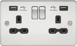 KNIGHTSBRIDGE FLAT PLATE 13A 2G SWITCHED SOCKET WITH DUAL USB CHARGER - POLISHED CHROME WITH BLACK INSERT, FP9902PC