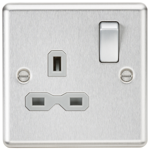 13A 1G DP Switched Socket with Grey Insert - Rounded Edge Brushed Chrome