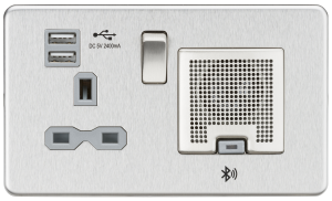 Screwless 13A socket, USB charger and Bluetooth Speaker combo - Brushed chrome with grey insert
