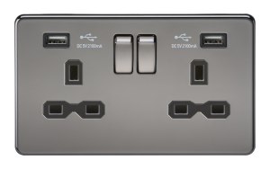 KNIGHTSBRIDGE SCREWLESS 13A 2G SWITCHED SOCKET WITH DUAL USB CHARGER - BLACK NICKEL WITH BLACK INSERT, SFR9902BN