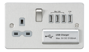 Flat plate 13A switched socket with quad USB charger - brushed chrome with grey insert