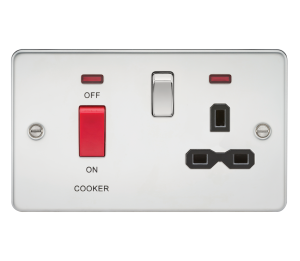 Flat plate 45A DP switch and 13A switched socket with neon - polished chrome with black insert