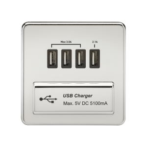 Screwless Quad USB Charger Outlet (5.1A) - Polished Chrome with Black Insert